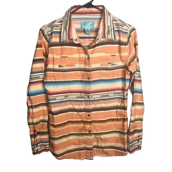 Tasha Polizzi Cotton Stripe Long Sleeve Button Down Shirt Orange Women's Medium - Picture 1 of 6